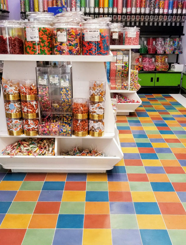 Cement tiles in candy store